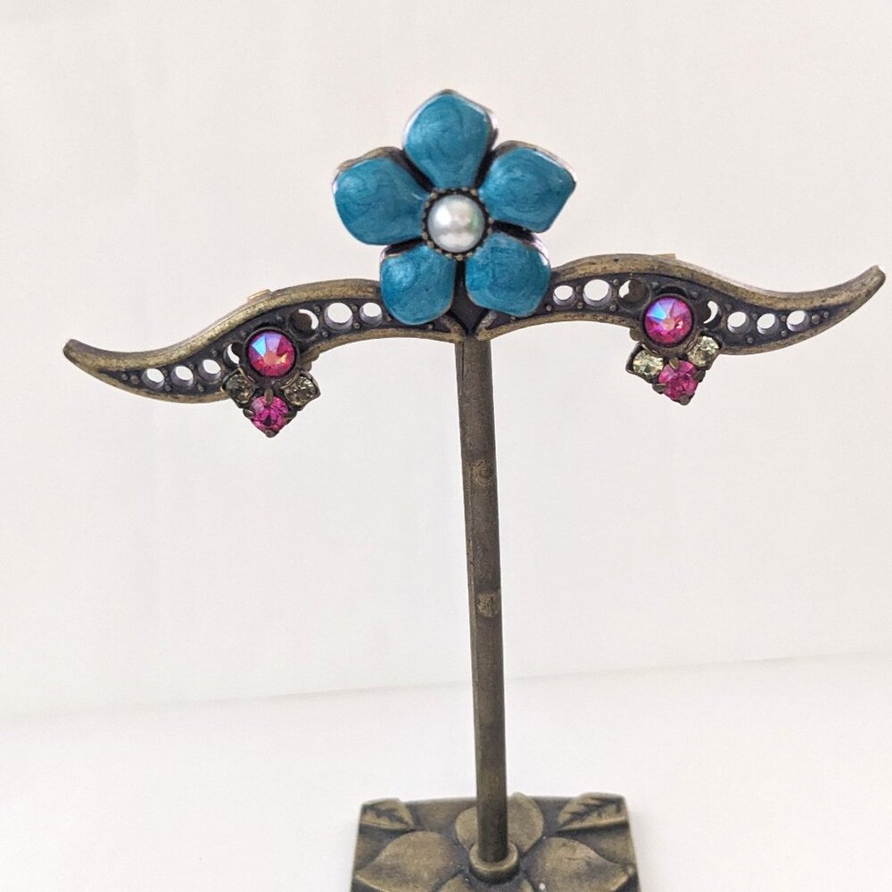 Vintage Signed SORELLI Antique Gold Tone Rhinestone Stud Pierced Earrings